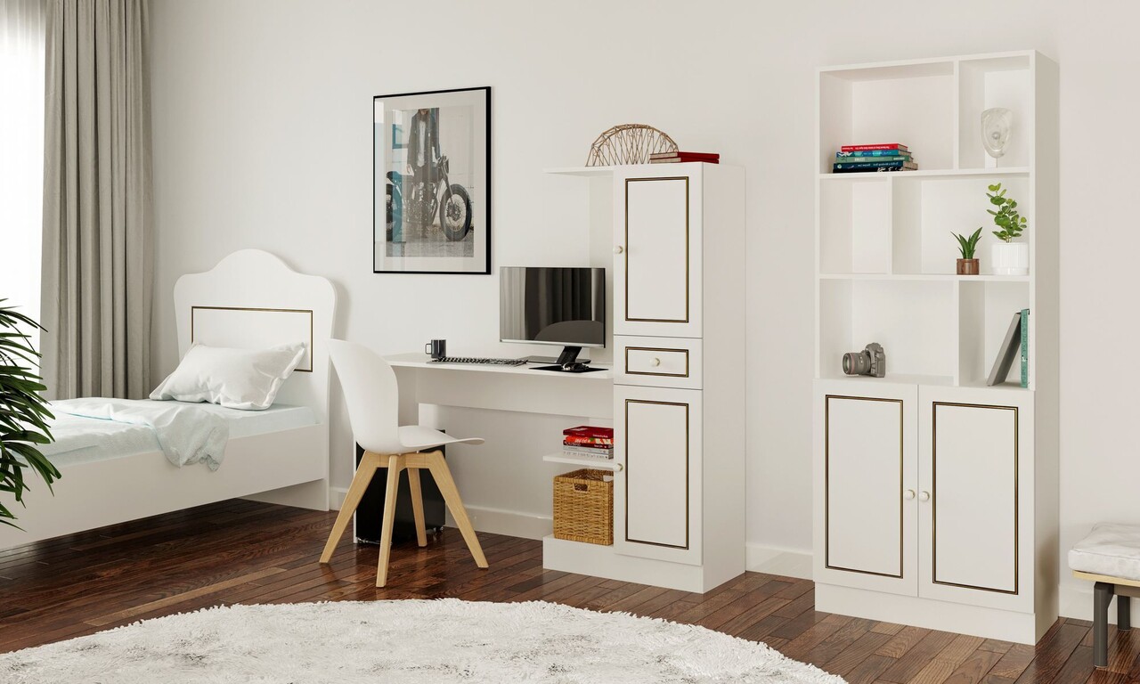 Set birou si biblioteca, Hanah Home, Rb-098, 120x75x40 cm, Alb mat - imagine 4